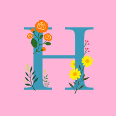 Whimsical floral botanical monogram alphabet - capital H vector elements with pink background and greenish blue color font for stationery, wedding decoration, personal gift, wallpaper, wrapping paper