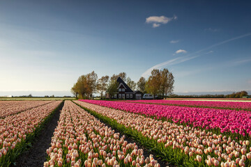 beautiful tulip field by dutch farmhouse