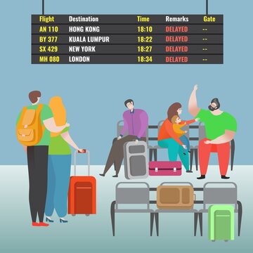 Family wait delay airplane character male female flat vector illustration. Lovely couple standing luggage, pair swear stressful situation. Alone passage expect flight international airport.