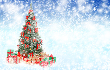 Beautiful Christmas tree with gifts under snowfall, space for text