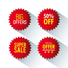 price tags, collection red ribbon banners, sale promotion, website stickers, special offers vector illustration design