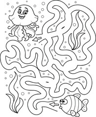 Help the fish to find her friend jellyfish. Coloring page outline of the cartoon labyrinth. Colorful vector illustration of educational maze game for preschool children, summer coloring book for kids.