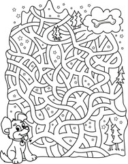 Help the dog to find his bone. Coloring page outline of the cartoon labyrinth. Colorful vector illustration of educational maze game for preschool children, summer coloring book for kids. 