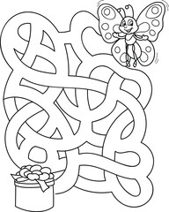 Help the butterfly to find her gift. Coloring page outline of the cartoon labyrinth. Colorful vector illustration of educational maze game for preschool children, summer coloring book for kids. 