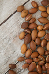 Argan nuts on a grey background, close up