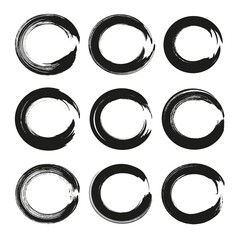 Circles set frames of black textured paint smears isolated on wh