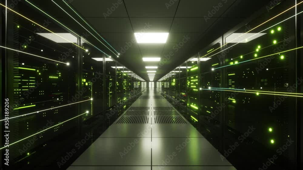 Poster digital information flows through the network and data servers behind glass panels in the server roo