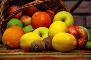 Colorful fruits on an ethnic knit rug