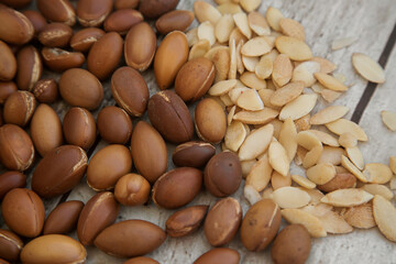 Traditional Moroccan argan nuts. Argan seeds (Argania spinosa). Close up