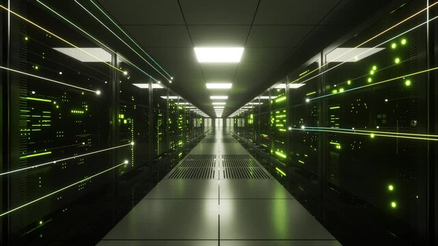 Digital information flows through the network and data servers behind glass panels in the server room of a data center or Internet service provider. High speed digital lines