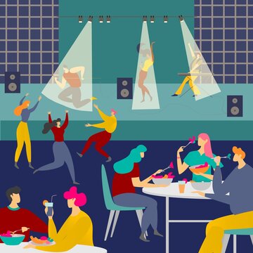 People in night cafe club vector illustration. Cartoon flat adult man woman characters meeting in interior clubhouse, active friends drink alcohol, dance together, enjoy concert. Nightlife in Friday