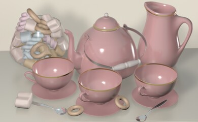 3d illustration of china tea set with kettle cup and candy white still life