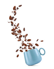 Cocoa beans falling into cup on white background