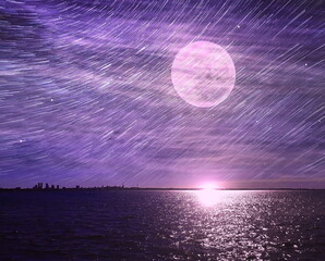 moonlight at sea and stars fall  on blue lilac   night starry sky at sea on water wave moonlight ...