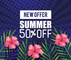 Obraz premium new offer summer fifty percent discount off, banner with flowers and tropical leaves , exotic floral banner vector illustration design