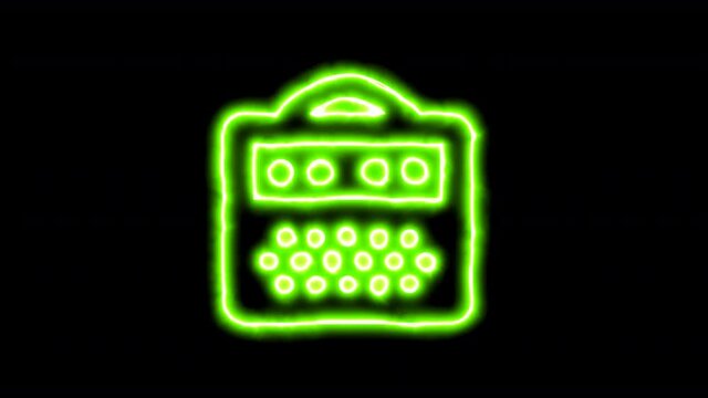 The appearance of the green neon symbol amp guitar. Flicker, In - Out. Alpha channel Premultiplied - Matted with color black