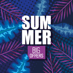 summer big offers sale banner with tropical leaves background, exotic floral banner vector illustration design