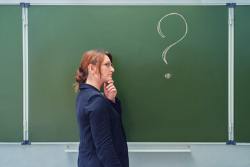 The teacher is thoughtfully standing in front of a question mark written on a school blackboard....
