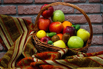 Mixed fruits in a rustic basket