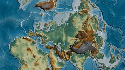 Eurasian tectonic plate - outlined. Relief