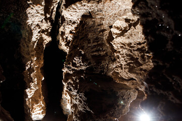 Dark Tunnel Cave has nobody. Tourist route, tours, adventures and interesting places. inside ancient crystal formations, stones, geology, explore of rocks of the soil. village Mlynky . Ukraine