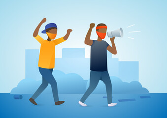 Two African American men go one by one. Tolerance and no racism concept. Black lives matter. Protest concept about human right of black people. Vector flat illustration concept on blue background