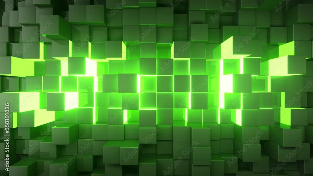 Poster abstract technology background for business presentations. randomly moving cubes. bright neon glow i