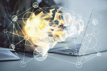 Double exposure of woman on-line shopping holding a credit card and brain hologram drawing. Data...
