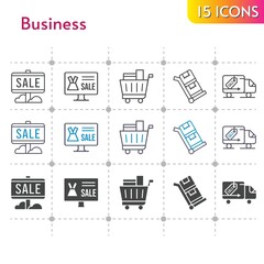 business icon set. included online shop, sale, shopping cart, delivery truck, trolley icons on white background. linear, bicolor, filled styles.
