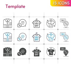 template icon set. included shirt, chat, placeholder icons on white background. linear, bicolor, filled styles.