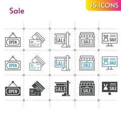 sale icon set. included online shop, sale, shop, credit card, open icons on white background. linear, bicolor, filled styles.