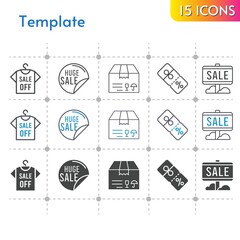 template icon set. included sale, shirt, package, discount icons on white background. linear, bicolor, filled styles.