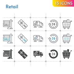 retail icon set. included sale, 24-hours, shopping cart, discount, delivery truck icons on white background. linear, bicolor, filled styles.