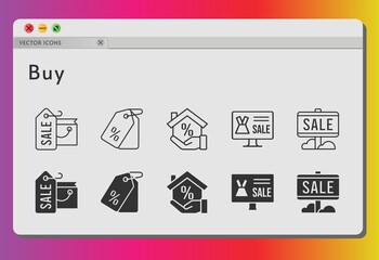 buy icon set. included shopping bag, online shop, sale, mortgage, price tag icons on white background. linear, filled styles.