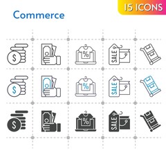 commerce icon set. included online shop, shopping bag, money, trolley icons on white background. linear, bicolor, filled styles.