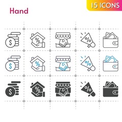 hand icon set. included handshake, megaphone, mortgage, wallet, money icons on white background. linear, bicolor, filled styles.