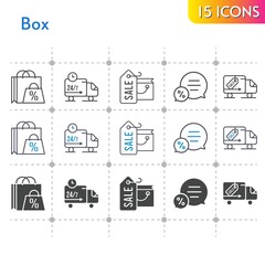 box icon set. included shopping bag, chat, delivery truck icons on white background. linear, bicolor, filled styles.