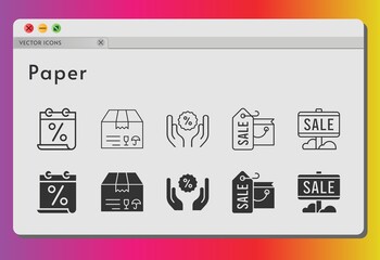 paper icon set. included calendar, shopping bag, sale, package, discount icons on white background. linear, filled styles.