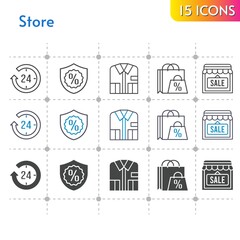 store icon set. included shopping bag, 24-hours, shirt, shop, warranty icons on white background. linear, bicolor, filled styles.