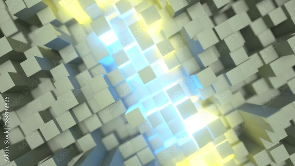 Poster abstract technology background for business presentations. randomly moving cubes. bright neon glow i