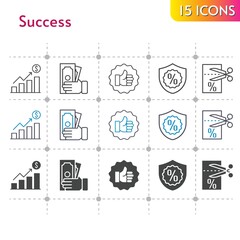 success icon set. included profits, money, like, voucher, warranty icons on white background. linear, bicolor, filled styles.