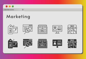 marketing icon set. included shopping bag, online shop, shop icons on white background. linear, filled styles.