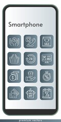 smartphone icon set. included calendar, shopping bag, online shop, 24-hours, shirt, money, discount, phone call, jacket, shopping basket, stopwatch icons on phone design background . linear styles.