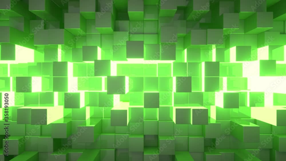 Poster abstract technology background for business presentations. randomly moving cubes. bright neon glow i