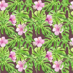 Fototapeten Watercolor illustration seamless pattern of tropical leaves and flower hibiscus. Perfect as background texture, wrapping paper, textile or wallpaper design. Hand drawn © NataliaArkusha