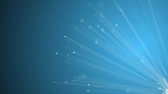 Abstract blue growing bright bunch of optical fibers background, fast light signal for high speed internet connection.