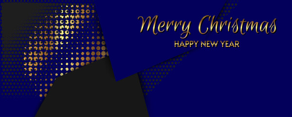 Christmas Gold banner, dark blue background sparkling lights garland. Horizontal christmas posters, cards or banner or invitation vector stock illustration