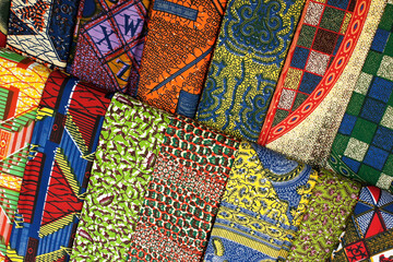 Traditional West African fabric for sale at a market in Ntonso, Ghana, West Africa