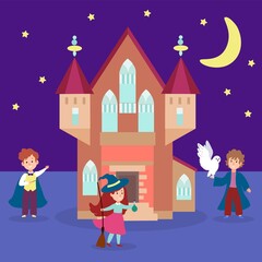 Magic castle building young people character wizard kid sorcery university flat vector illustration. Spell material fortress, miracle wand staff cozy stronghold place, child hold white owl.