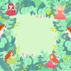 Green leaf magic compositions pattern round concept flat vector illustration. Wizard unicorn and magical fairy girl character, miracle spell sorcery stuff. Ecological leaves web banner, text place.